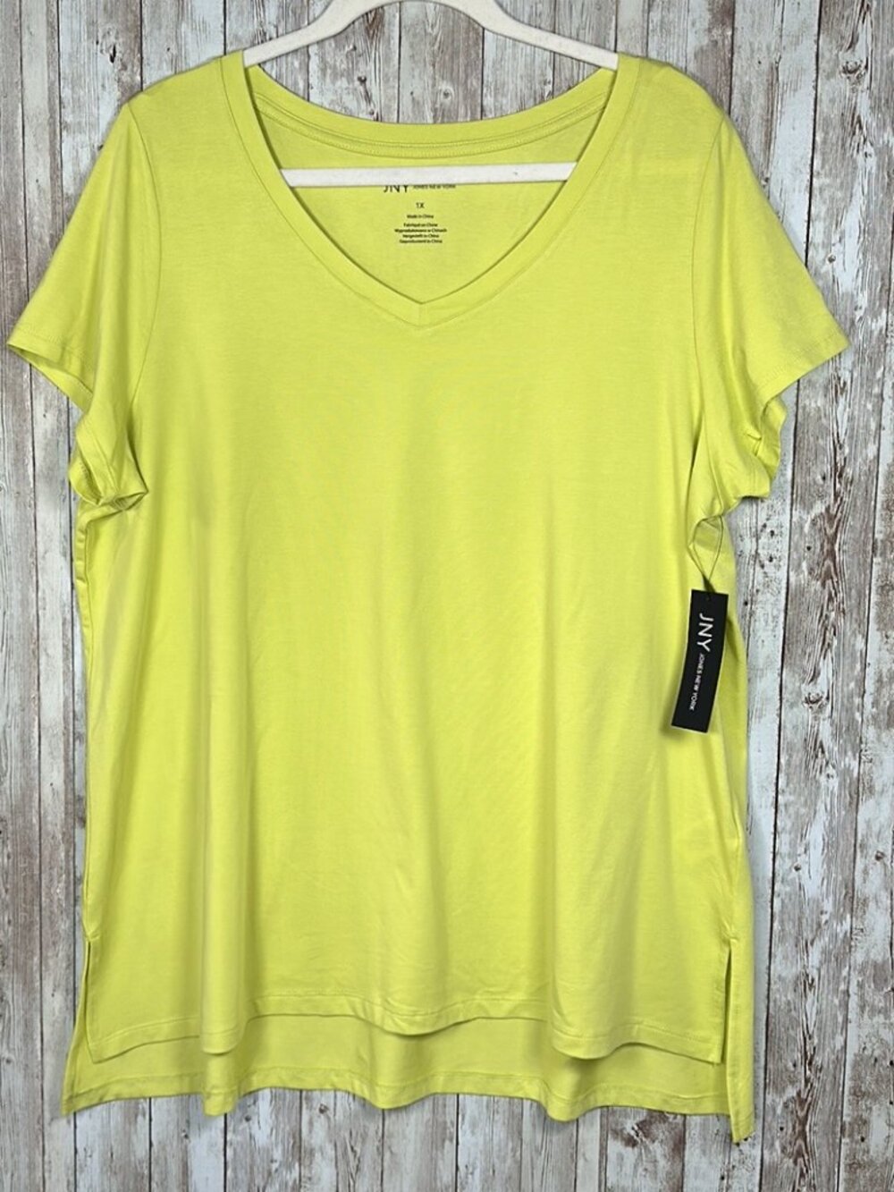 Jones New York T-Shirt Womens V-Neck Split Hem Stepped sz 1X Cotton Green Yellow